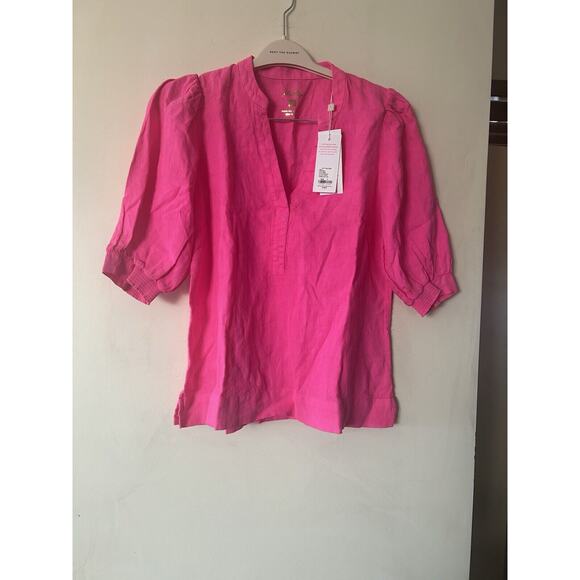 Lilly Pulitzer Tops - $138 NWT Lilly Pulitzer 100% Linen Hot Pink Barbie Short Puff Sleeve Blouse Sz 8